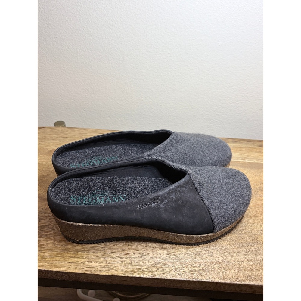 Stegmann Clogs Grey Black Wool Leather Wedge Mules 7.5